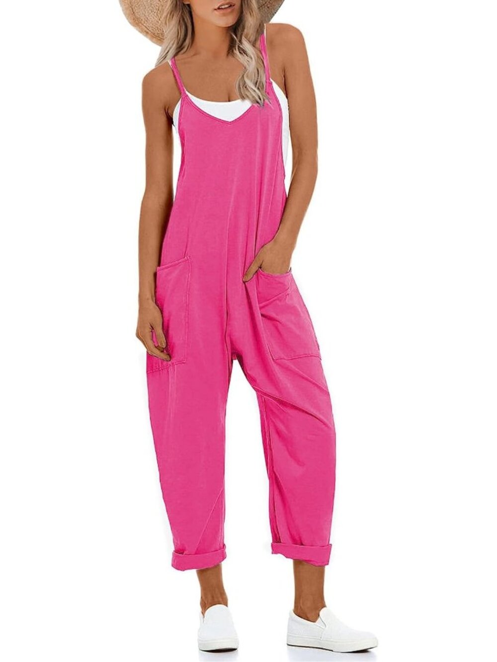 Women's Rose Red V Neck Sleeveless Overalls Stretchy Adjustable Strap Romper